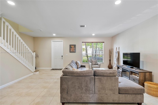 9471 SW 171st Pl, Miami, FL 33196 - living room with stairs, recessed lighting, baseboards, and light tile patterned flooring
