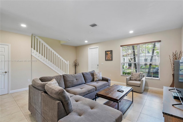 9471 SW 171st Pl, Miami, FL 33196 - living area with light tile patterned floors, stairs, recessed lighting, and baseboards