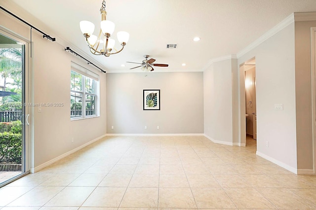 4631 Mediterranean Cir, Palm Beach Gardens, FL 33418 - empty room featuring a chandelier, crown molding, a ceiling fan, recessed lighting, and light tile patterned floors