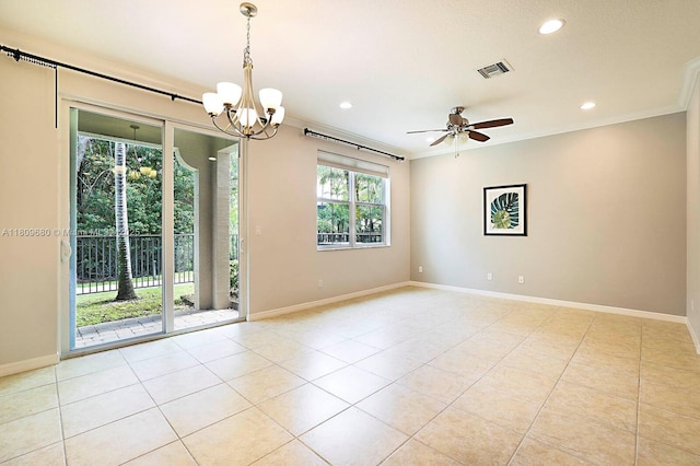 4631 Mediterranean Cir, Palm Beach Gardens, FL 33418 - spare room with light tile patterned flooring, a chandelier, recessed lighting, crown molding, and a ceiling fan