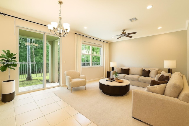 4631 Mediterranean Cir, Palm Beach Gardens, FL 33418 - tiled living room with a chandelier, recessed lighting, and ceiling fan