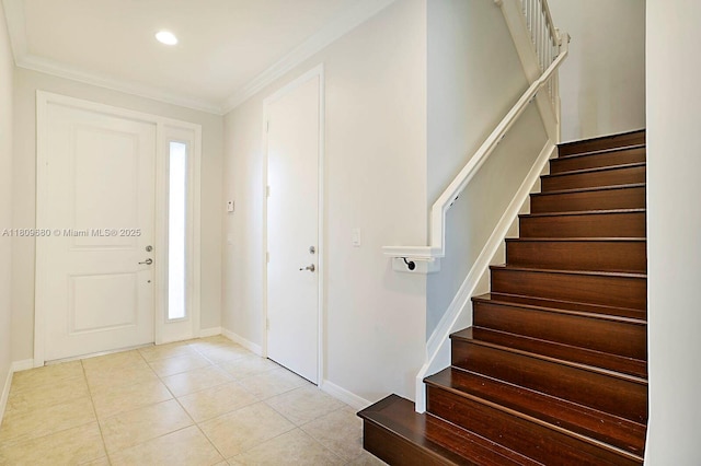 4631 Mediterranean Cir, Palm Beach Gardens, FL 33418 - entryway with stairs, light tile patterned flooring, baseboards, crown molding, and recessed lighting