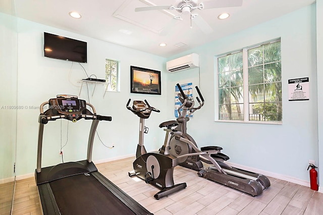 4631 Mediterranean Cir, Palm Beach Gardens, FL 33418 - exercise area with a wall mounted AC, wood finished floors, baseboards, recessed lighting, and a ceiling fan