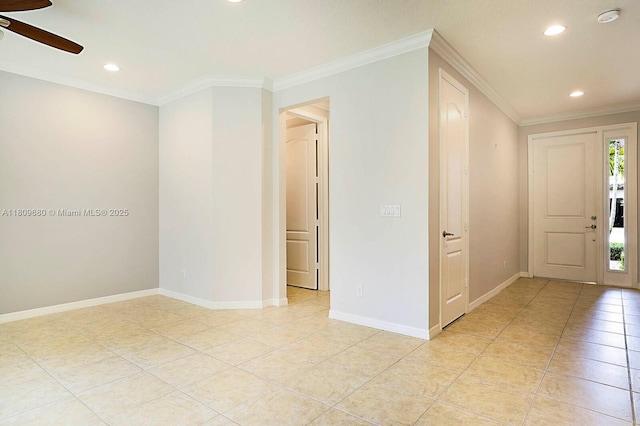 4631 Mediterranean Cir, Palm Beach Gardens, FL 33418 - unfurnished room with a ceiling fan, light tile patterned floors, recessed lighting, crown molding, and a smoke detector