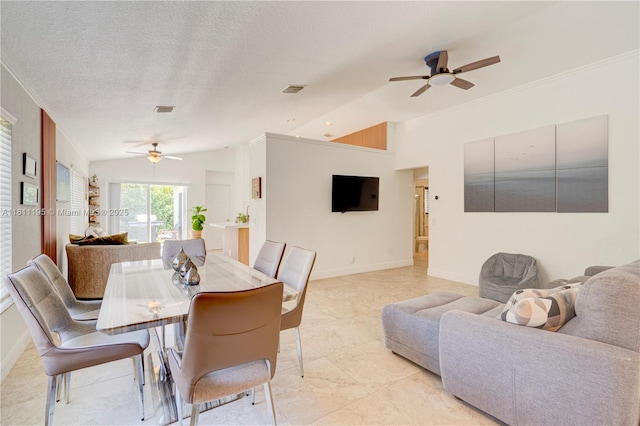 1482 Canary Island Dr, Weston, FL 33327 - dining room featuring a ceiling fan, vaulted ceiling, ornamental molding, and baseboards