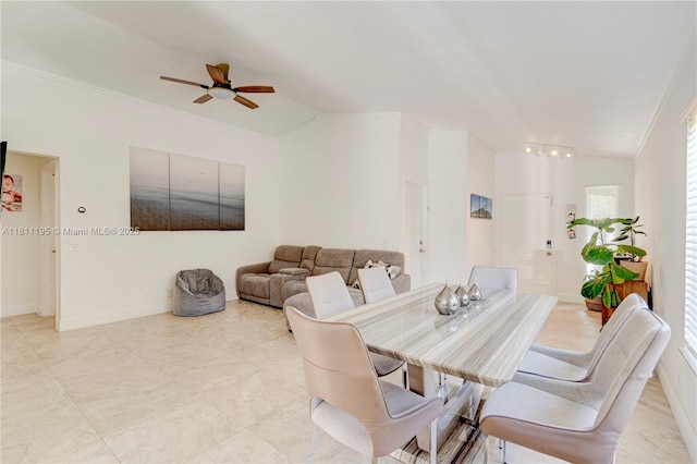 1482 Canary Island Dr, Weston, FL 33327 - dining space featuring a ceiling fan, crown molding, vaulted ceiling, and baseboards