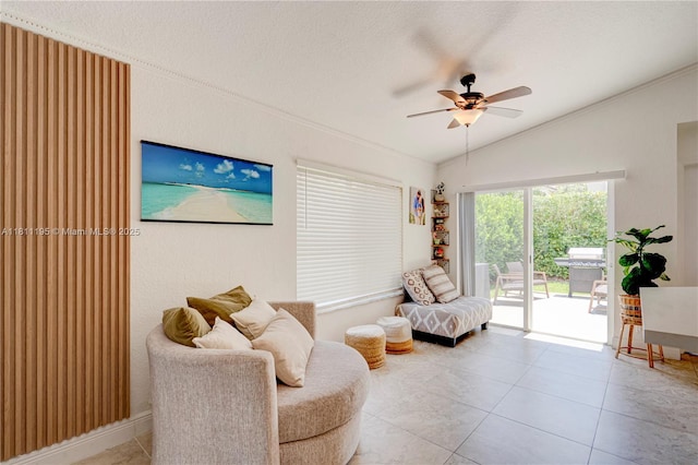 1482 Canary Island Dr, Weston, FL 33327 - living area featuring lofted ceiling, ceiling fan, tile patterned flooring, ornamental molding, and a textured ceiling