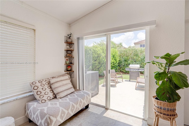 1482 Canary Island Dr, Weston, FL 33327 - living area featuring crown molding, tile patterned flooring, and vaulted ceiling