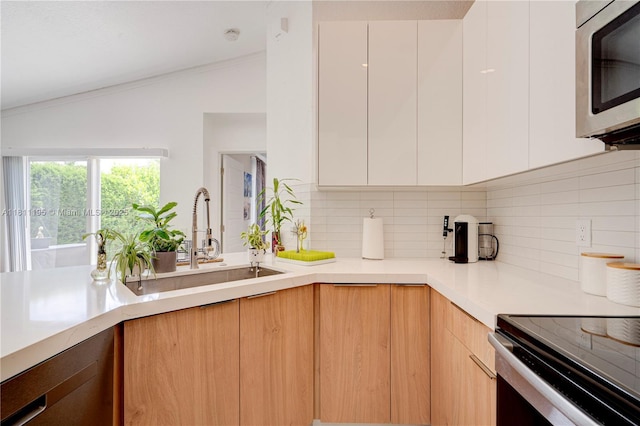 1482 Canary Island Dr, Weston, FL 33327 - kitchen with stainless steel microwave, modern cabinets, backsplash, a sink, and light countertops