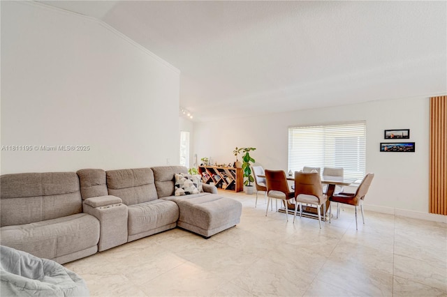 1482 Canary Island Dr, Weston, FL 33327 - living area featuring lofted ceiling, ornamental molding, and light marble finish floors