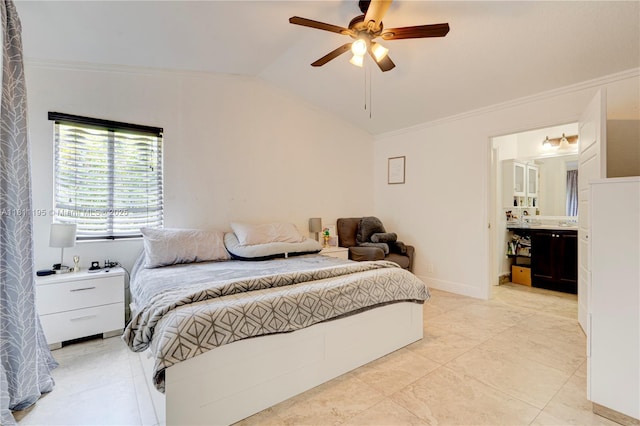 1482 Canary Island Dr, Weston, FL 33327 - bedroom with lofted ceiling, crown molding, ceiling fan, and ensuite bathroom