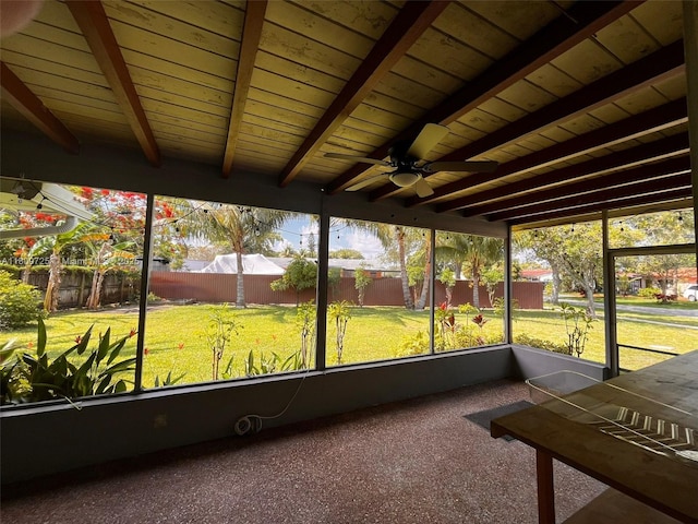 4888 NW 8th Ct, Plantation, FL 33317 - unfurnished sunroom with beamed ceiling, a ceiling fan, and plenty of natural light
