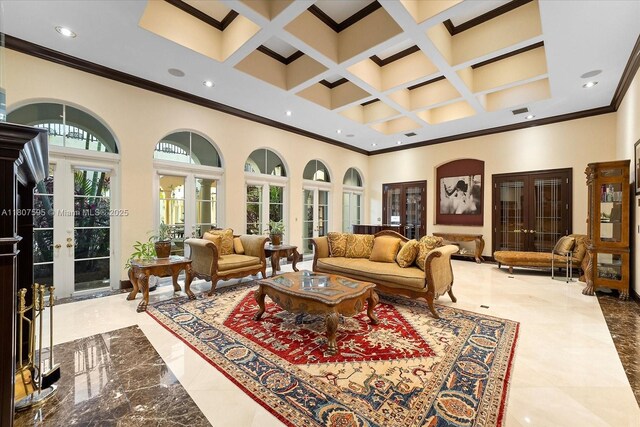 18451 SW 158th St, Miami, FL 33187 - living area featuring crown molding, a high ceiling, coffered ceiling, french doors, and marble tiled floors