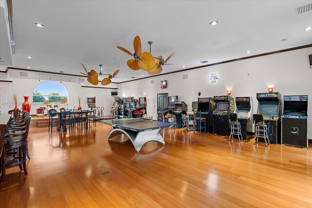 18451 SW 158th St, Miami, FL 33187 - rec room with ceiling fan, wood finished floors, recessed lighting, and ornamental molding