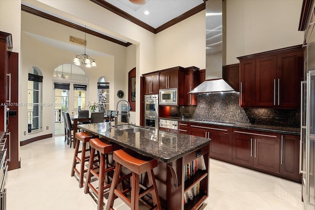 18451 SW 158th St, Miami, FL 33187 - kitchen with a sink, appliances with stainless steel finishes, wall chimney range hood, a high ceiling, and ornamental molding