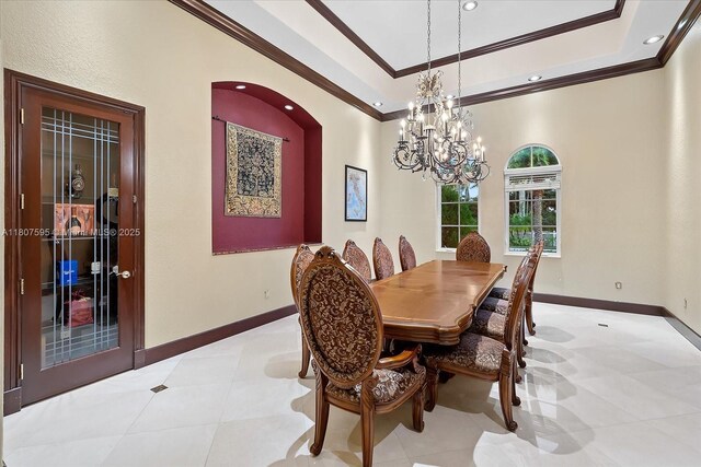 18451 SW 158th St, Miami, FL 33187 - dining space with ornamental molding, a chandelier, a tray ceiling, baseboards, and recessed lighting