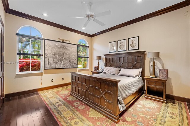 18451 SW 158th St, Miami, FL 33187 - bedroom featuring crown molding, baseboards, multiple windows, hardwood / wood-style flooring, and recessed lighting