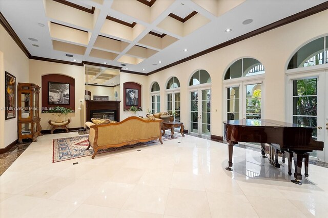 18451 SW 158th St, Miami, FL 33187 - tiled living room with french doors, ornamental molding, a high ceiling, coffered ceiling, and baseboards
