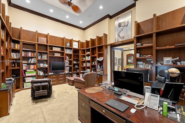 18451 SW 158th St, Miami, FL 33187 - office area with crown molding, a ceiling fan, carpet floors, a towering ceiling, and recessed lighting