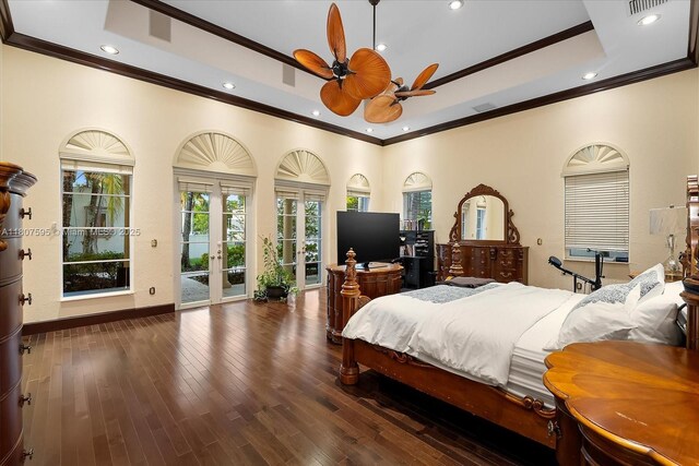 18451 SW 158th St, Miami, FL 33187 - bedroom with ornamental molding, access to exterior, recessed lighting, french doors, and wood-type flooring