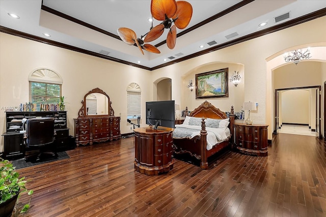 18451 SW 158th St, Miami, FL 33187 - bedroom with ornamental molding, arched walkways, wood finished floors, recessed lighting, and a raised ceiling