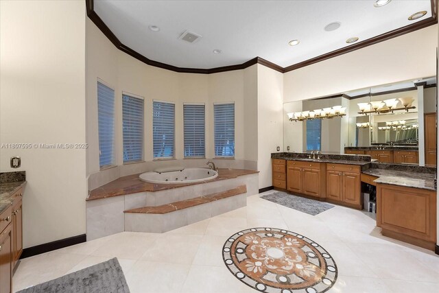 18451 SW 158th St, Miami, FL 33187 - full bath featuring ornamental molding, tile patterned flooring, a chandelier, vanity, and a jetted tub