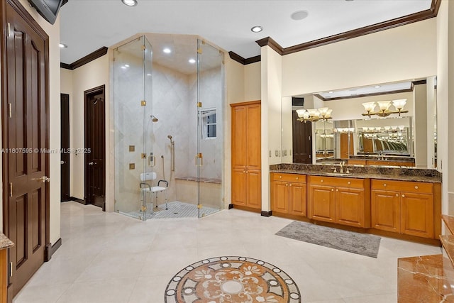 18451 SW 158th St, Miami, FL 33187 - bathroom featuring crown molding, a chandelier, a stall shower, vanity, and recessed lighting