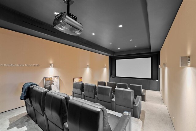 18451 SW 158th St, Miami, FL 33187 - home theater with carpet flooring, a raised ceiling, and recessed lighting