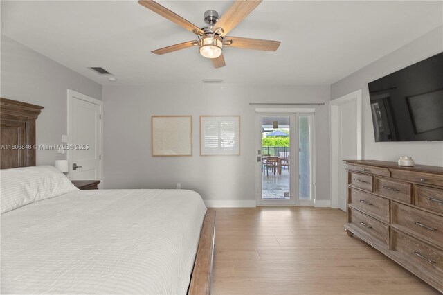 14270 SW 74th Ct, Palmetto Bay, FL 33158 - bedroom featuring access to exterior, light wood finished floors, baseboards, and a ceiling fan
