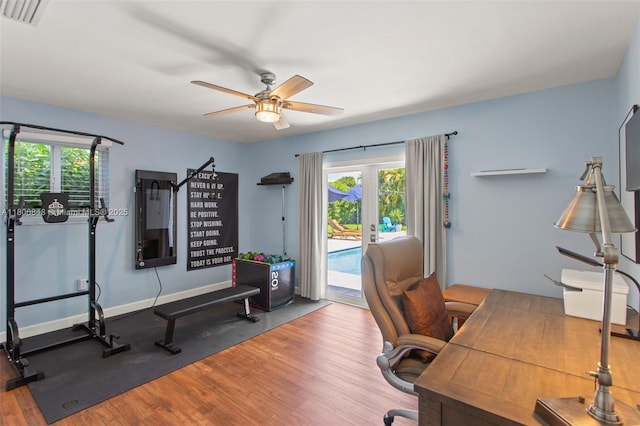 14270 SW 74th Ct, Palmetto Bay, FL 33158 - home office featuring wood finished floors, healthy amount of natural light, and a ceiling fan
