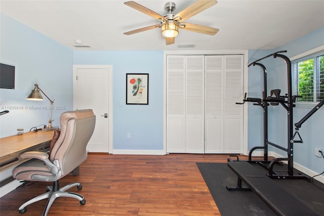 14270 SW 74th Ct, Palmetto Bay, FL 33158 - office area with wood finished floors, ceiling fan, and baseboards