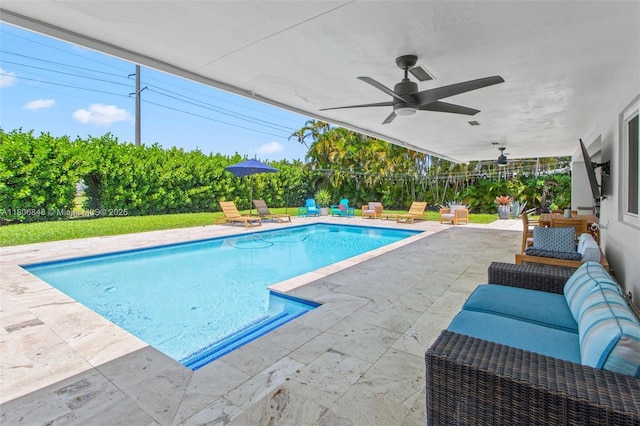 14270 SW 74th Ct, Palmetto Bay, FL 33158 - outdoor pool featuring a patio area, a ceiling fan, and an outdoor living space