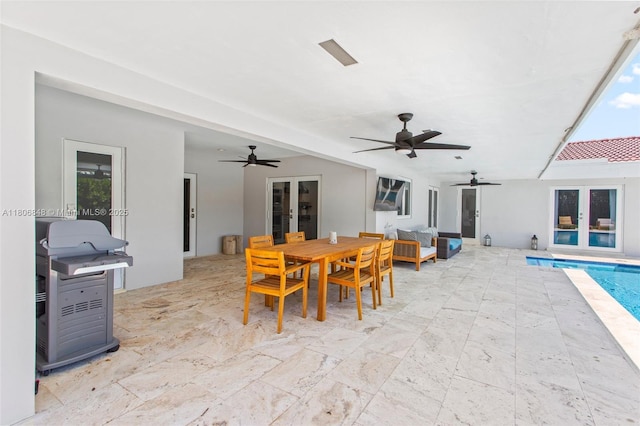 14270 SW 74th Ct, Palmetto Bay, FL 33158 - view of patio featuring french doors, ceiling fan, an outdoor pool, outdoor dining space, and a grill