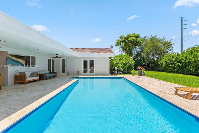 14270 SW 74th Ct, Palmetto Bay, FL 33158 - outdoor pool with french doors, a patio area, ceiling fan, and an outdoor living space