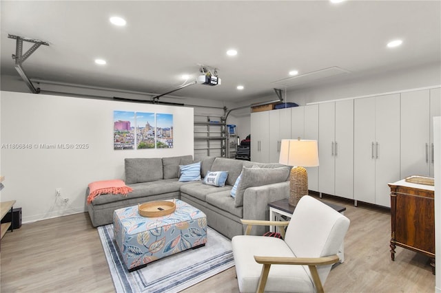 14270 SW 74th Ct, Palmetto Bay, FL 33158 - living area featuring a garage, light wood-style flooring, recessed lighting, and attic access