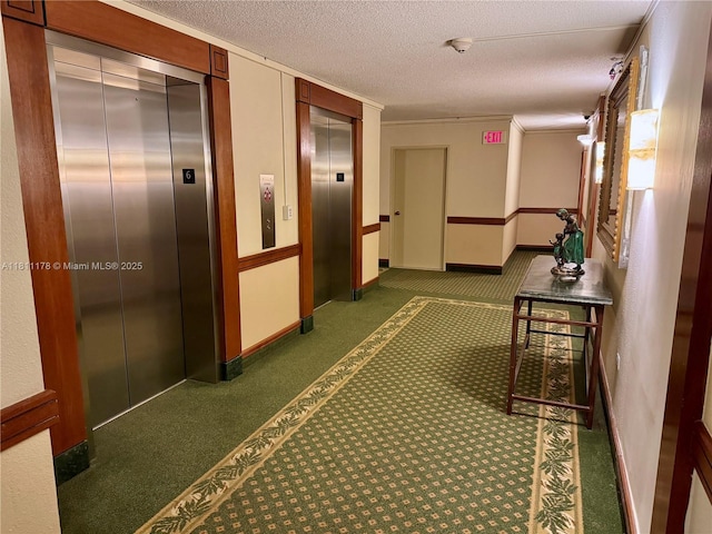 5555 Collins Ave Unit 6E, Miami Beach, FL 33140 - corridor featuring elevator, carpet, a textured ceiling, baseboards, and crown molding