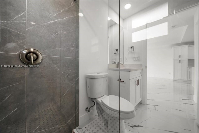4800 Nelson Dr, Lehigh Acres, FL 33973 - full bath featuring toilet, vanity, a walk in shower, and marble look tile flooring