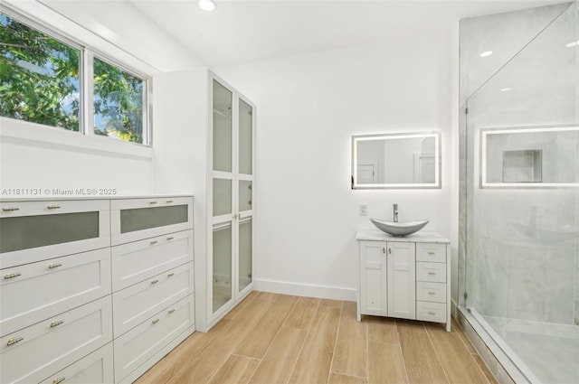 2001 SW 23rd Ave, Fort Lauderdale, FL 33312 - full bath featuring vanity, a stall shower, wood finished floors, recessed lighting, and baseboards
