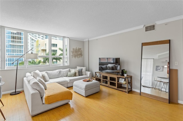2000 N Bayshore Dr Unit 401, Miami, FL 33137 - living room featuring a textured ceiling, wood finished floors, ornamental molding, and baseboards