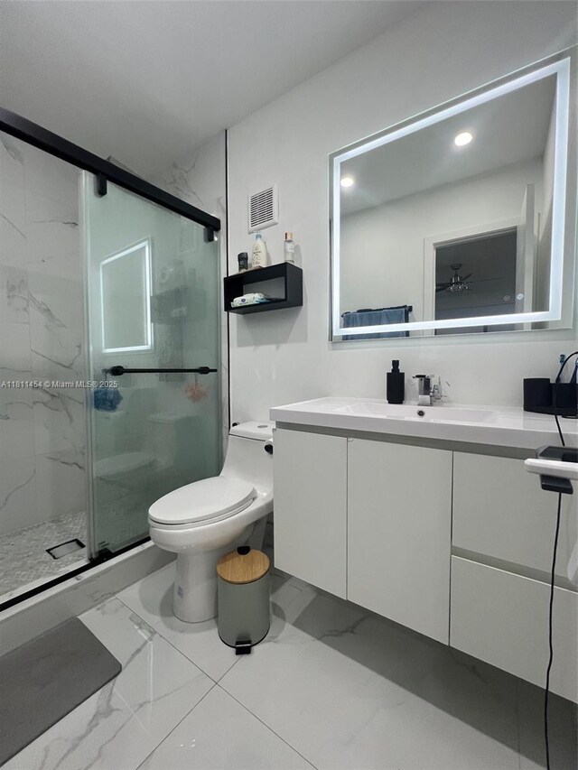 721 NW 105th Ter Unit 721, Pembroke Pines, FL 33026 - bathroom with marble finish flooring, toilet, a marble finish shower, vanity, and recessed lighting