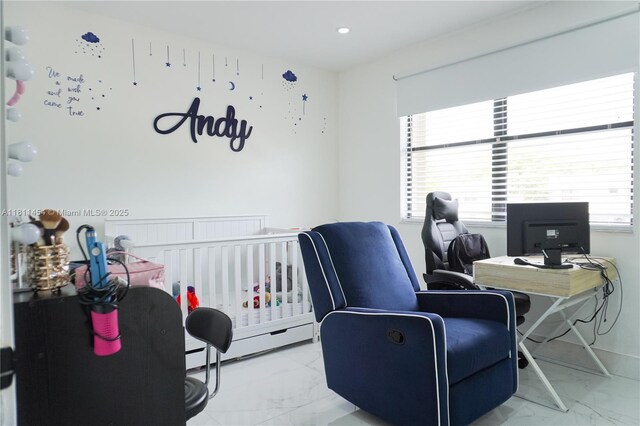 721 NW 105th Ter Unit 721, Pembroke Pines, FL 33026 - bedroom featuring marble finish flooring, a desk, a baseboard radiator, a nursery area, and recessed lighting