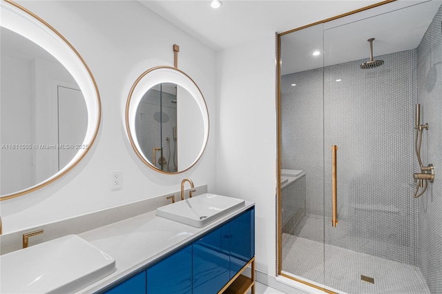 2678 Tigertail Ave Unit 513, Coconut Grove, FL 33133 - bathroom featuring a shower stall, double vanity, and recessed lighting