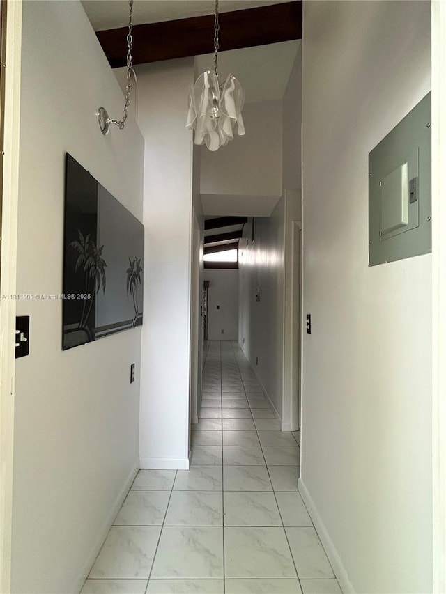 322 Briarwood Cir Unit 1-17, Hollywood, FL 33024 - hall with electric panel, light marble finish flooring, a chandelier, and baseboards
