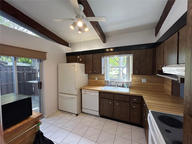 322 Briarwood Cir Unit 1-17, Hollywood, FL 33024 - kitchen featuring white appliances, a sink, light countertops, beamed ceiling, and dark brown cabinetry
