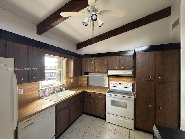322 Briarwood Cir Unit 1-17, Hollywood, FL 33024 - kitchen featuring white appliances, under cabinet range hood, a sink, beam ceiling, and backsplash