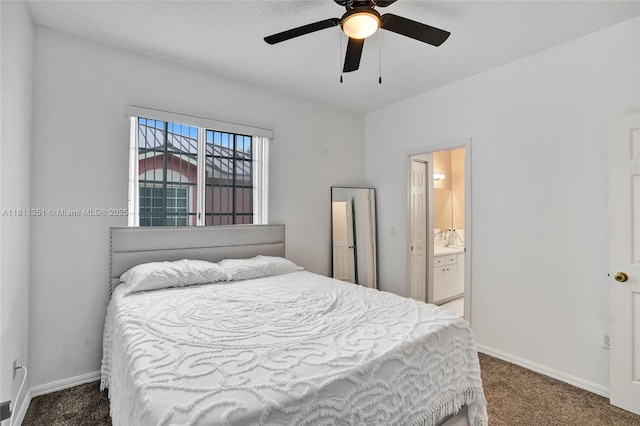 1001 NW 100th Ave, Pembroke Pines, FL 33024 - bedroom featuring dark carpet, baseboards, ensuite bathroom, and ceiling fan