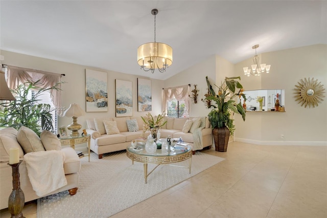 3831 NW 21st St, Coconut Creek, FL 33066 - tiled living area featuring a chandelier, lofted ceiling, and baseboards