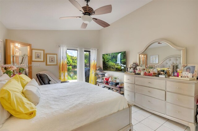3831 NW 21st St, Coconut Creek, FL 33066 - bedroom with lofted ceiling, light tile patterned floors, access to exterior, and a ceiling fan