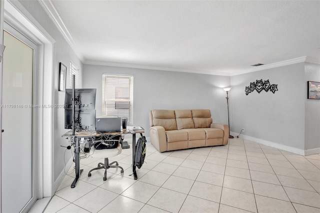 5565 SW 43rd St, Davie, FL 33314 - office area featuring crown molding, light tile patterned floors, and baseboards