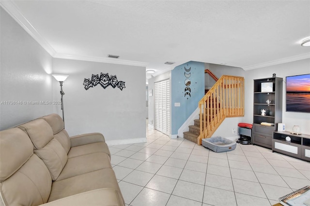 5565 SW 43rd St, Davie, FL 33314 - living area with stairway, crown molding, tile patterned floors, and baseboards